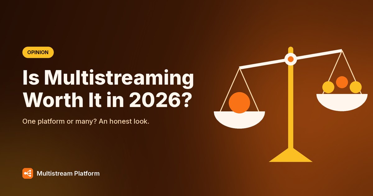 Feature image on a warm amber background: Is Multistreaming Worth It in 2026? A balance scale weighing one platform against many