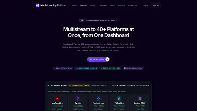 Screenshot: Multistream Platform website features page: multistream to 40+ platforms from one dashboard (desktop)