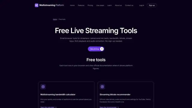 Screenshot: Multistream Platform website free streaming tools hub (desktop)