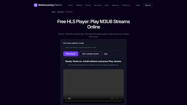 Screenshot: Free HLS / M3U8 player tool on the Multistream Platform website (desktop)