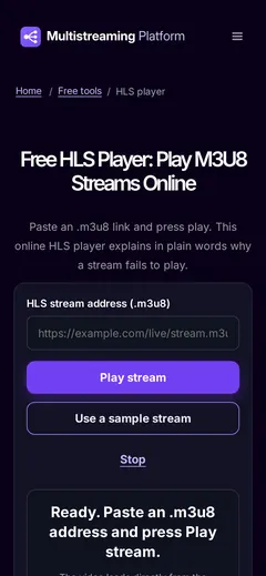 Screenshot: Free HLS / M3U8 player tool on the Multistream Platform website (mobile, 390 px wide)