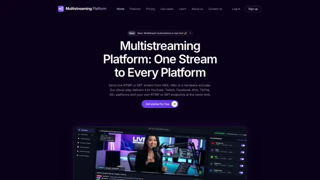 Screenshot: Multistream Platform website homepage hero: one stream to every platform (desktop)