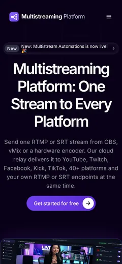 Screenshot: Multistream Platform website homepage hero: one stream to every platform (mobile, 390 px wide)