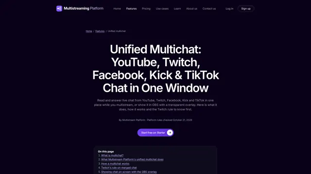 Screenshot: Multistream Platform website page about unified multichat for YouTube, Twitch, Facebook, Kick and TikTok (desktop)