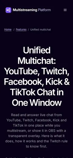 Screenshot: Multistream Platform website page about unified multichat for YouTube, Twitch, Facebook, Kick and TikTok (mobile, 390 px wide)