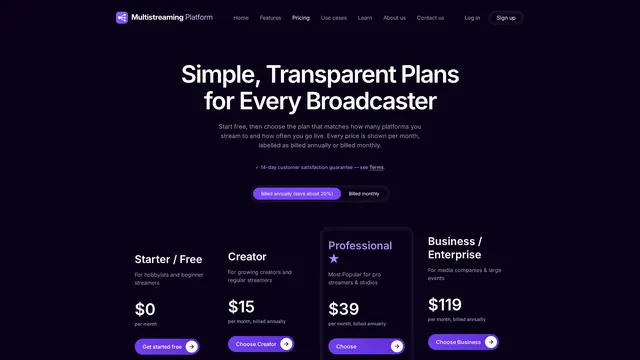 Screenshot: Multistream Platform website pricing page with the Starter, Creator, Professional and Business plans (desktop)
