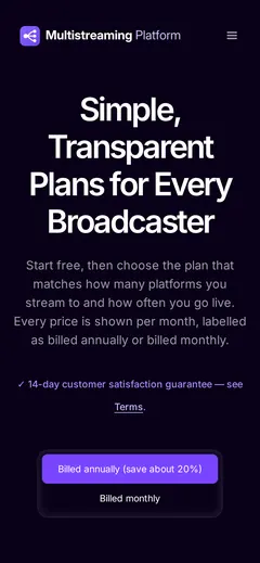 Screenshot: Multistream Platform website pricing page with the Starter, Creator, Professional and Business plans (mobile, 390 px wide)