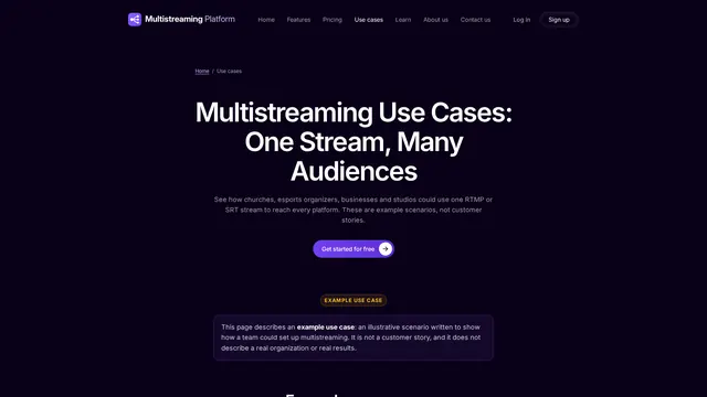 Screenshot: Multistream Platform website use cases page: church, esports, town hall and fitness examples (desktop)